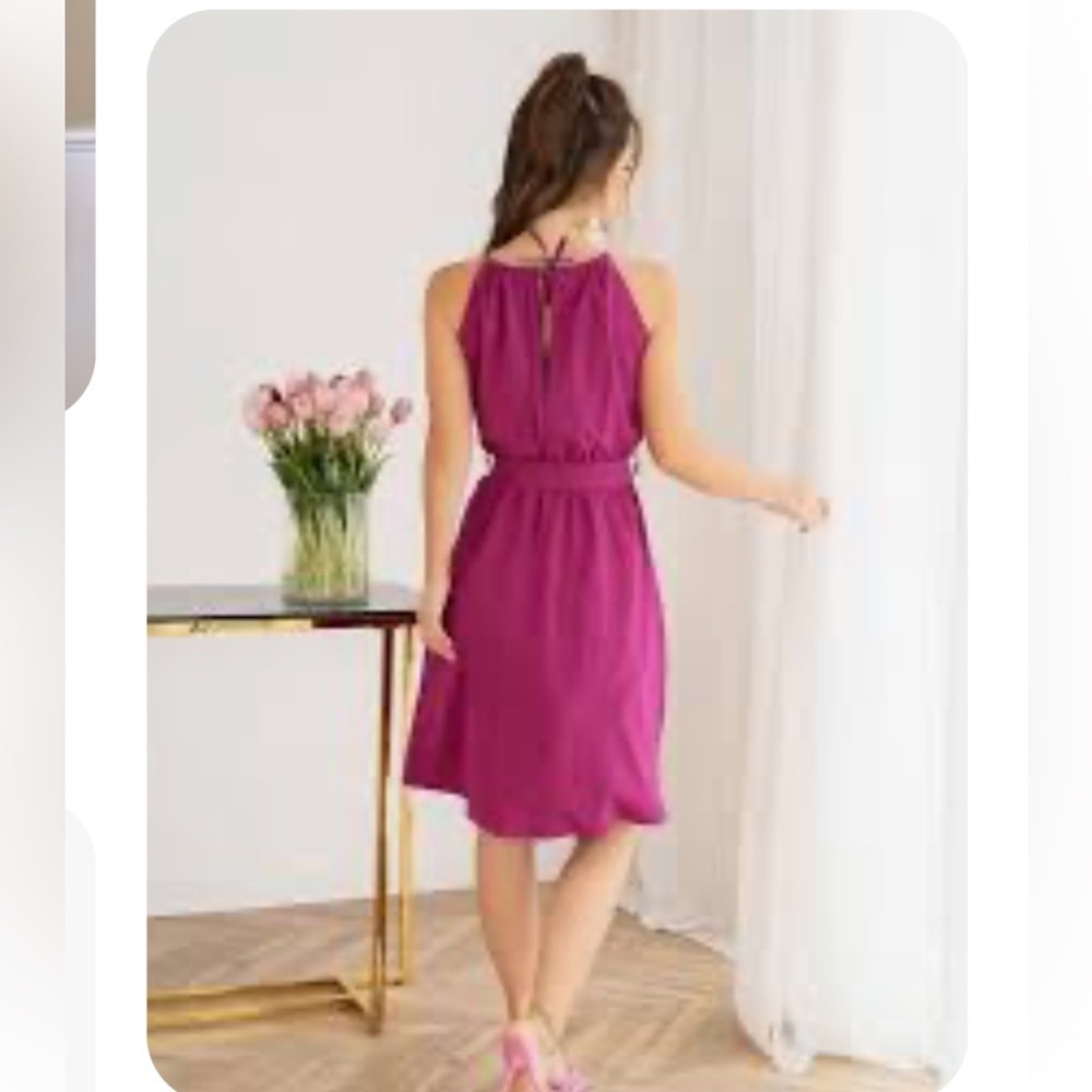 Lalavon‎ Berry cotton linen sleeveless keyhole neck ties dress Sz M